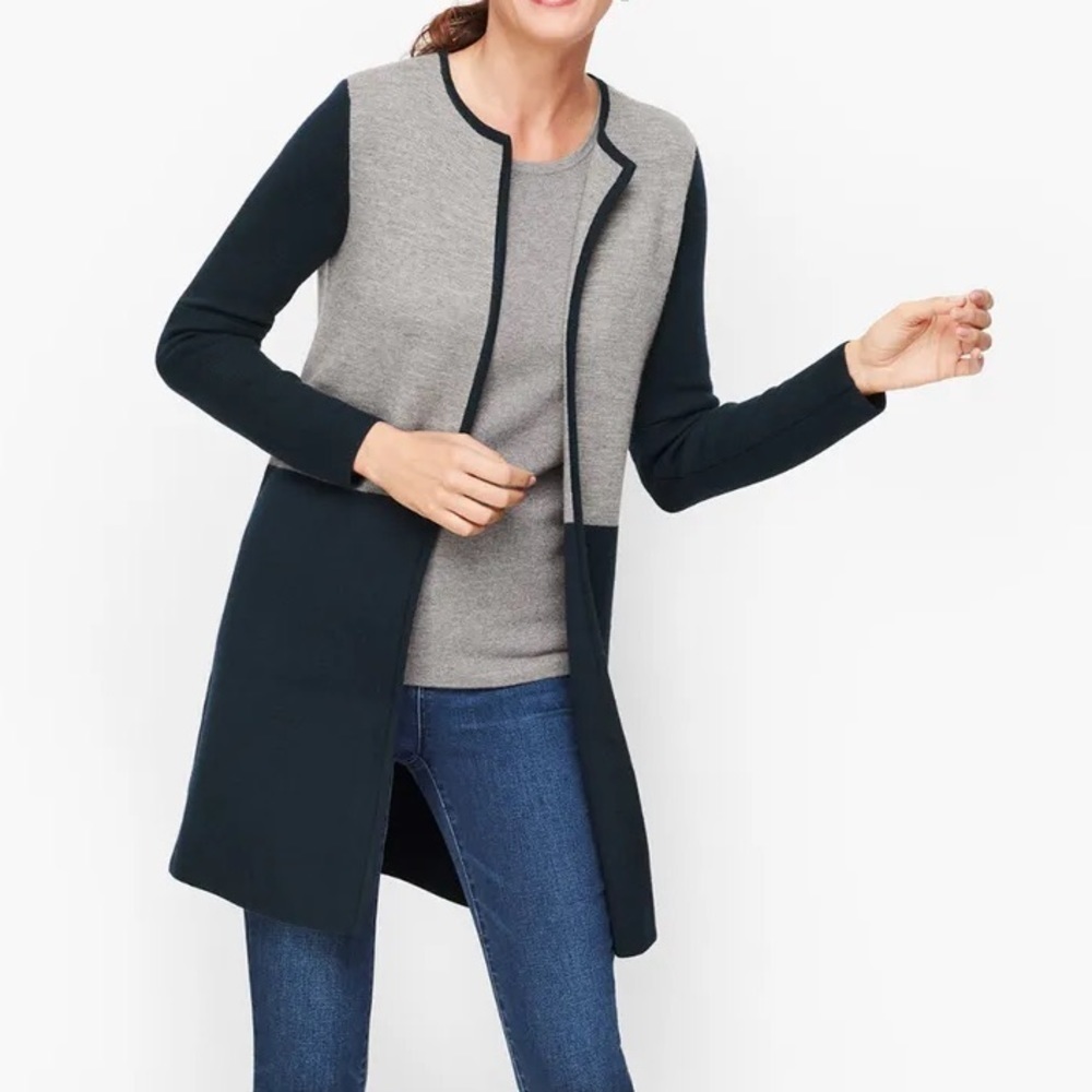 Talbots Wool Blend Color Block Open Front Cardigan Sweater Longline Navy Gray S